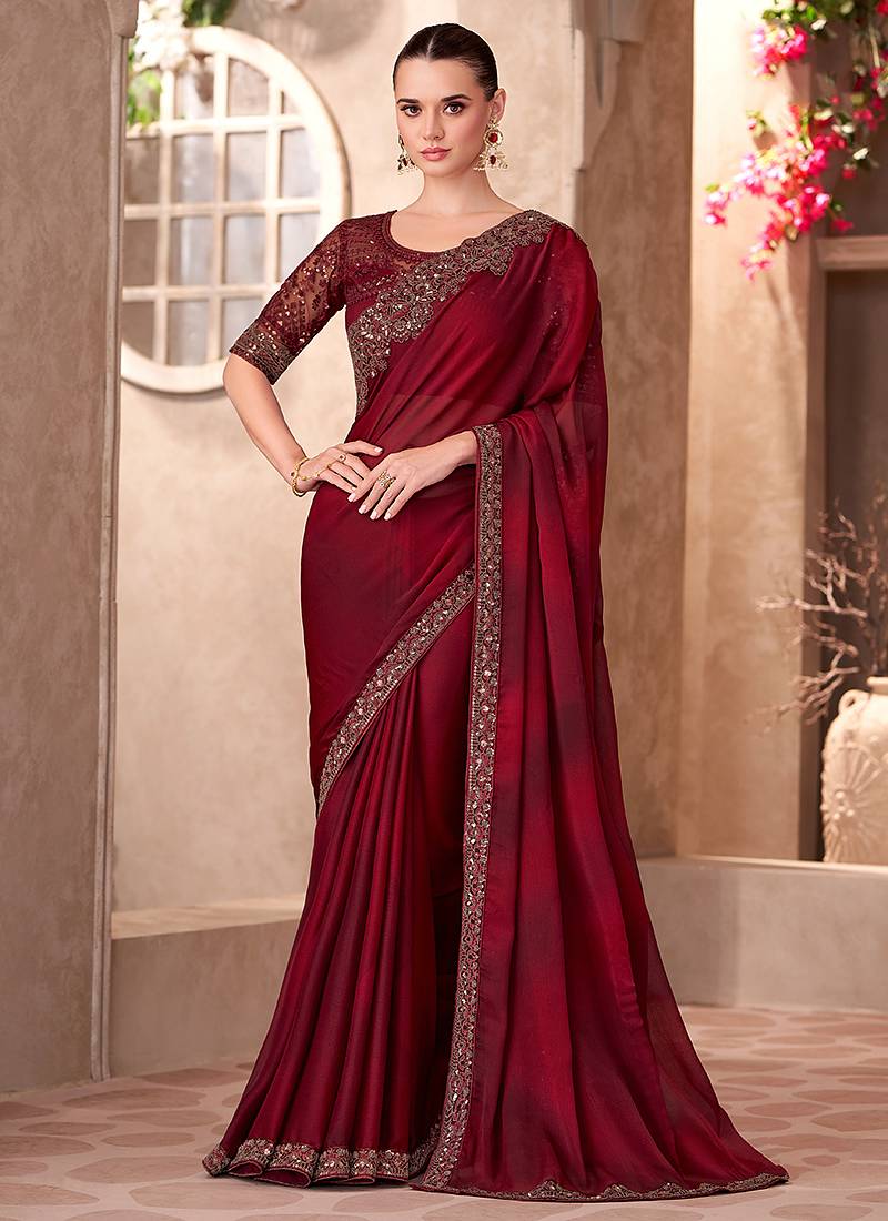 Maroon Pure Georgette Chiffon With Embroidery Sequins Saree ##color## Georgette Saree with premium fabric and embroidery
