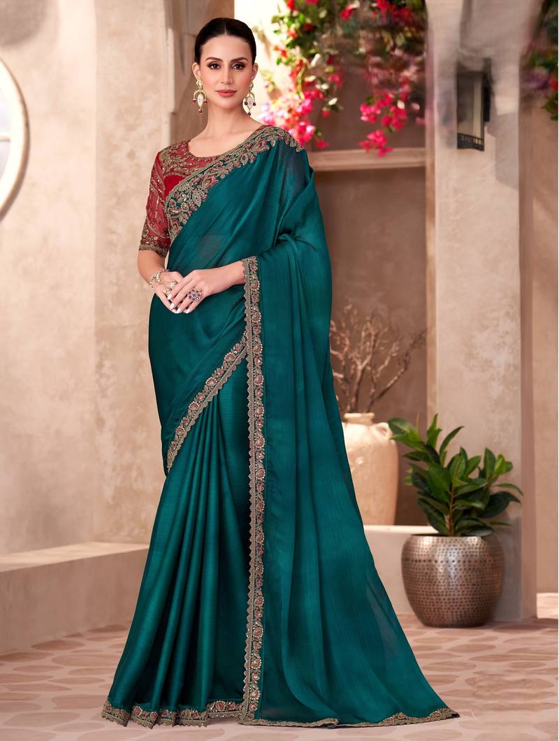 Teal Blue Pure Georgette Chiffon With Embroidery Sequins Saree 