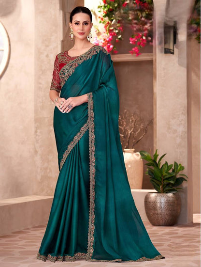 Teal Blue Pure Georgette Chiffon With Embroidery Sequins Saree 