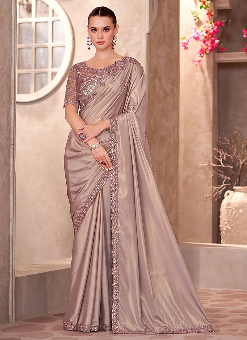 Beige Pure Georgette Chiffon With Embroidery Sequins Saree 