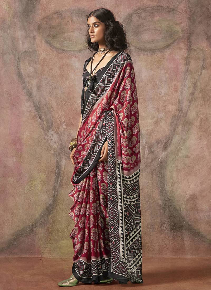 Red & Black Ajrakh Printed Satin Georgette Silk Saree ##color## Japan Satin Saree with premium fabric and embroidery