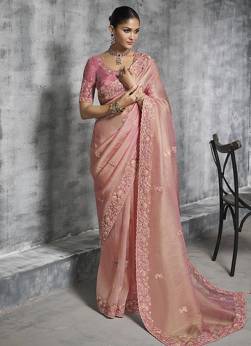 Light Pink Premium Zari Tissue Silk Bridal Saree ##color## Bridal Saree with premium fabric and embroidery