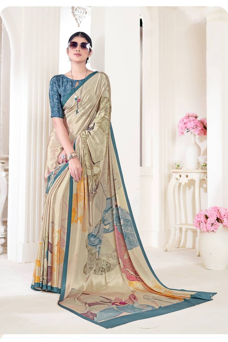 Beige Pure Soft Crape With Flower Digital Prints Satin Saree 