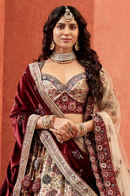 Beautiful Designer Bridal Cream Velvet Hand Work Lehenga Choli