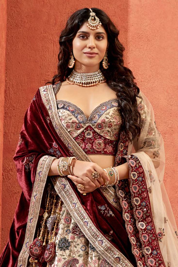 Beautiful Designer Bridal Cream Velvet Hand Work Lehenga Choli