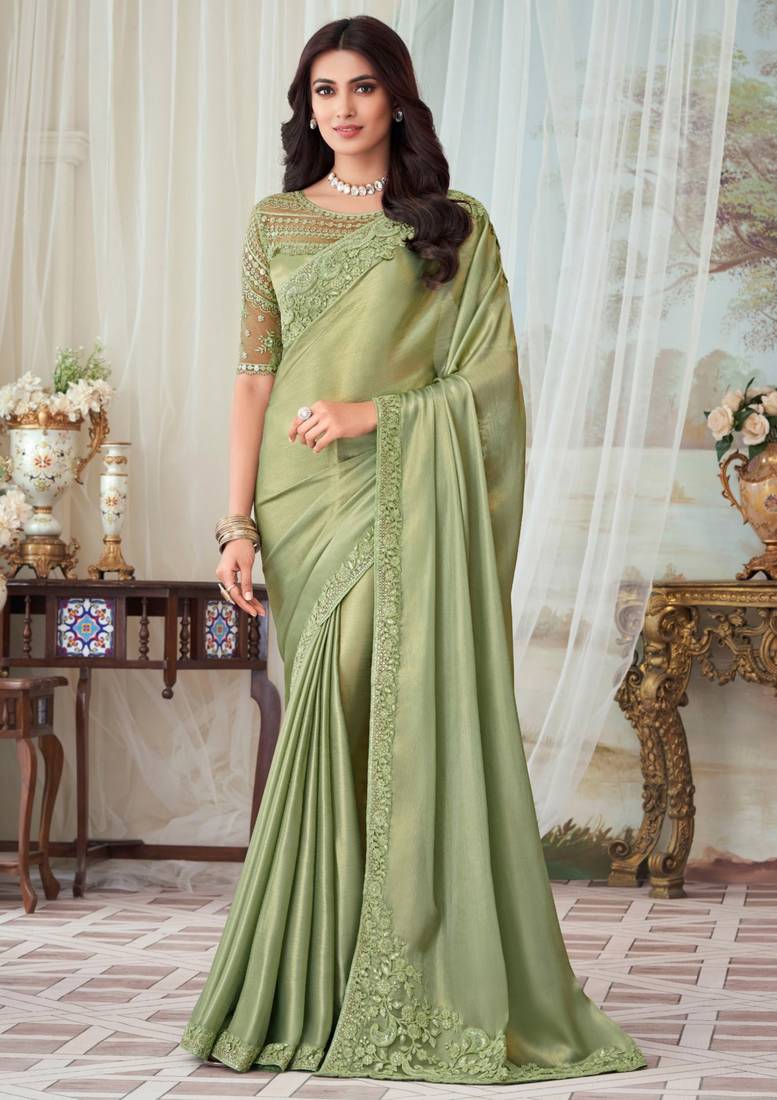 Light Green Pure Georgette Burberry Silk With Floral Sequins Saree 