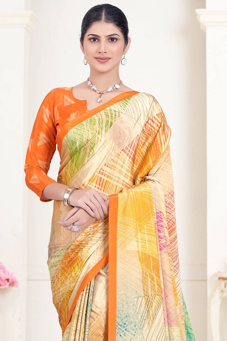 Beige &amp; Multicolor Pure Soft Crape With Flower Digital Prints Satin Saree 