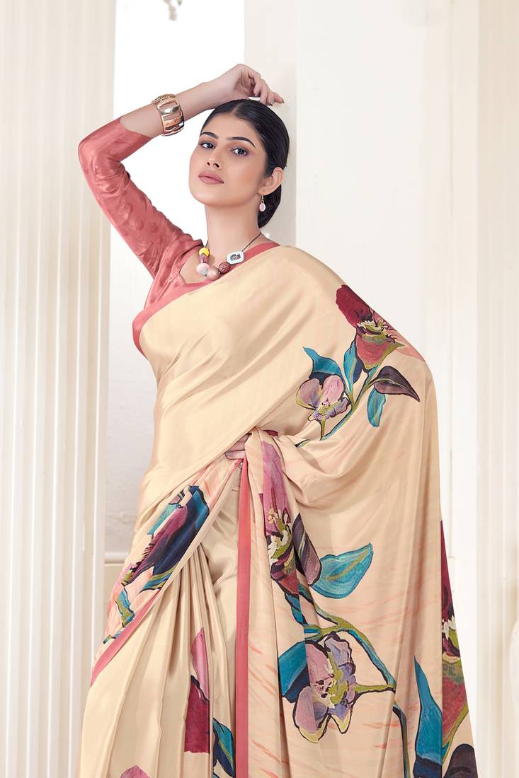 Cream Pure Soft Crape With Flower Digital Prints Satin Saree 