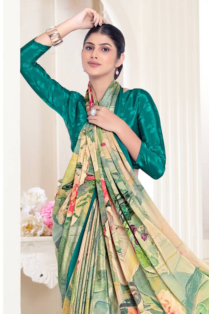 Green Pure Soft Crape With Flower Digital Prints Satin Saree 