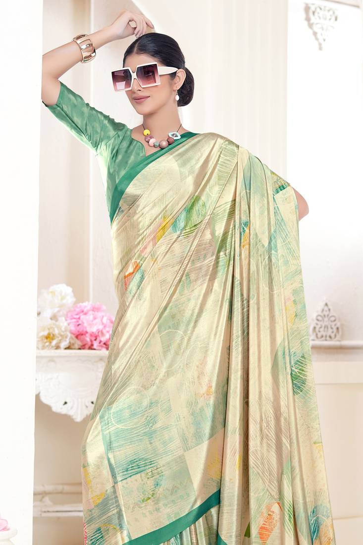 Cream Pure Soft Crape With Flower Digital Prints Satin Saree 