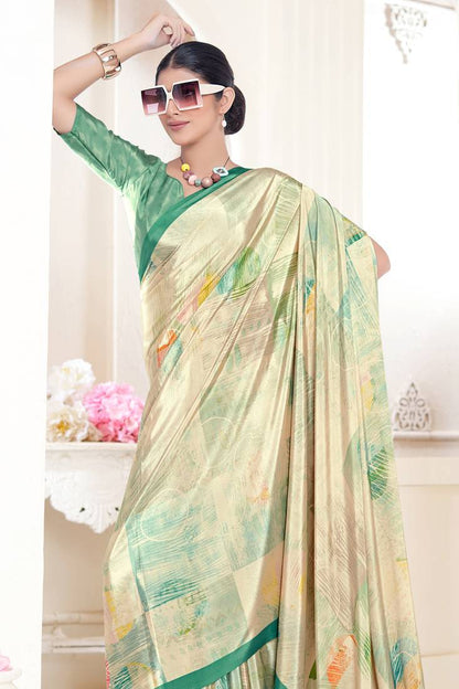 Cream Pure Soft Crape With Flower Digital Prints Satin Saree 