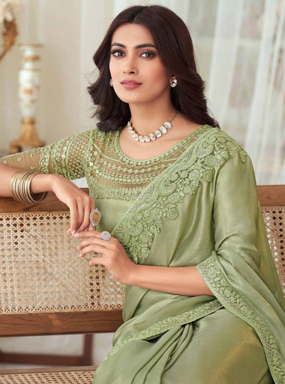 Light Green Pure Georgette Burberry Silk With Floral Sequins Saree 