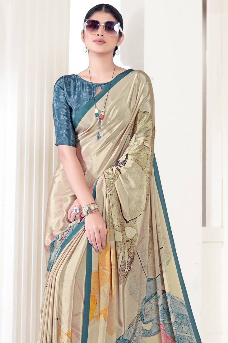 Beige Pure Soft Crape With Flower Digital Prints Satin Saree 