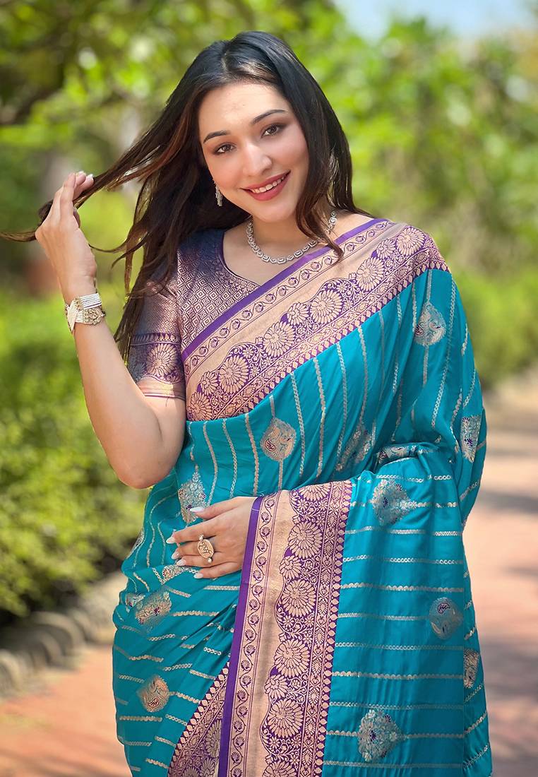 Sky Blue Soft Silk Zari Woven Patola Banarasi Saree