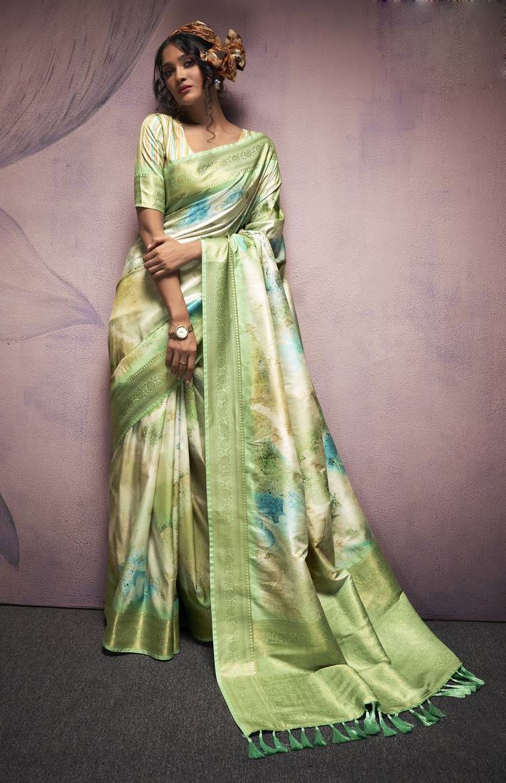 Pista Green Pure Banarasi Handloom Digital Printed Silk Saree 