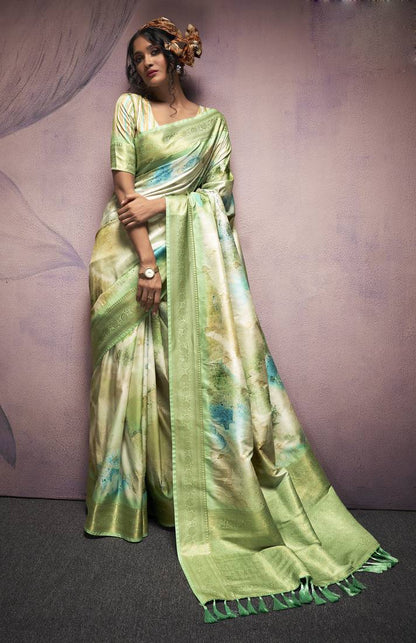 Pista Green Pure Banarasi Handloom Digital Printed Silk Saree 