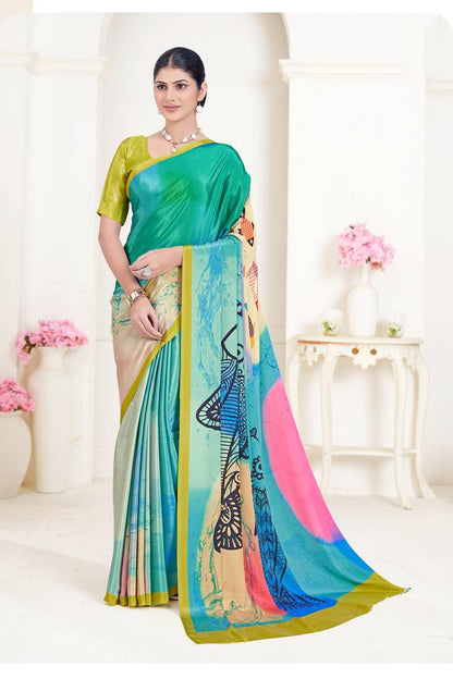 Green Pure Soft Crape With Flower Digital Prints Satin Saree 
