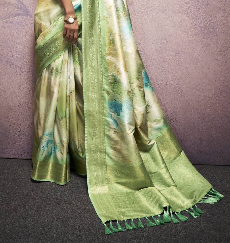Pista Green Pure Banarasi Handloom Digital Printed Silk Saree