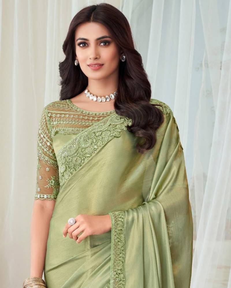 Light Green Pure Georgette Burberry Silk With Floral Sequins Saree 