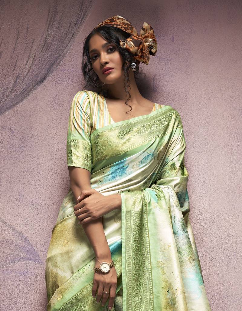 Pista Green Pure Banarasi Handloom Digital Printed Silk Saree 
