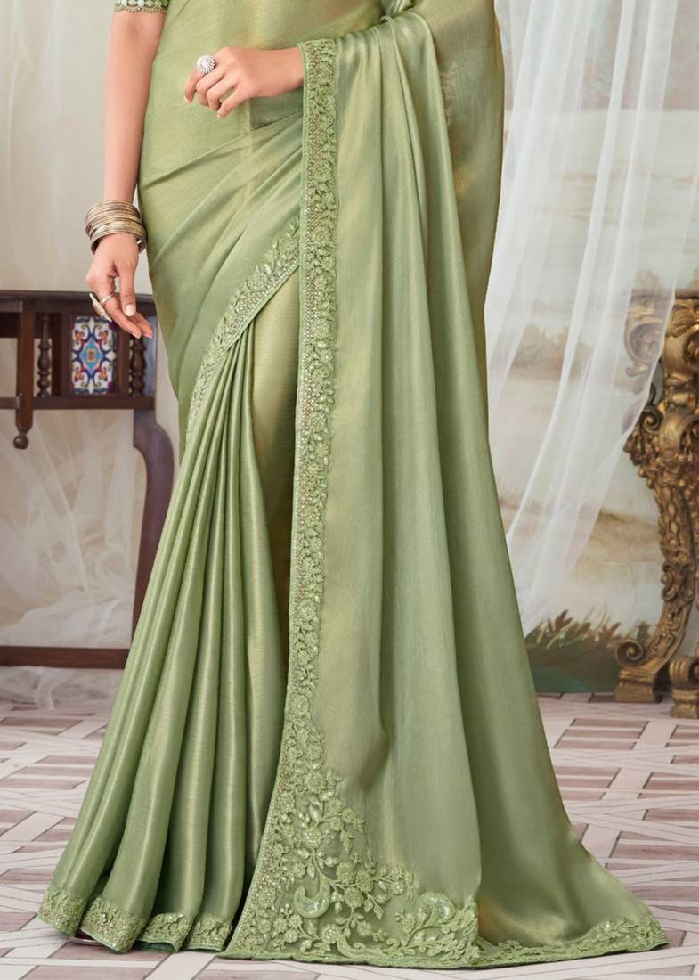 Light Green Pure Georgette Burberry Silk With Floral Sequins Saree 