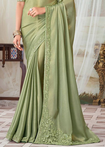 Light Green Pure Georgette Burberry Silk With Floral Sequins Saree 