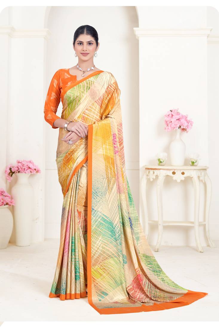 Beige &amp; Multicolor Pure Soft Crape With Flower Digital Prints Satin Saree 