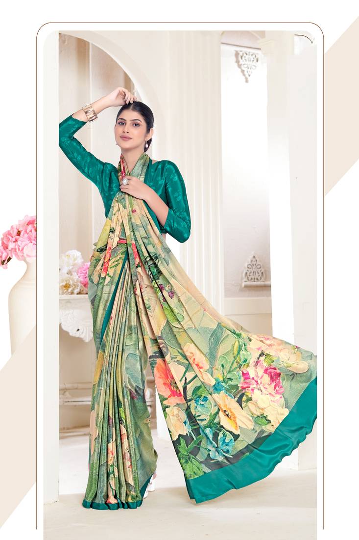 Green Pure Soft Crape With Flower Digital Prints Satin Saree 