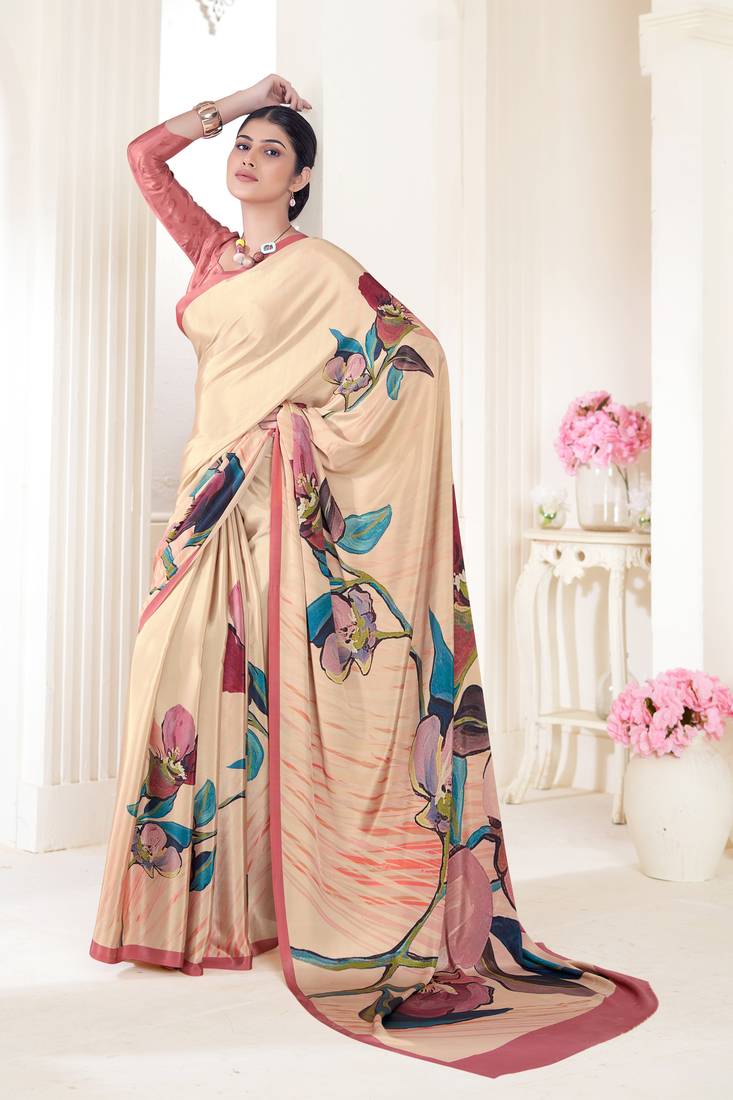 Cream Pure Soft Crape With Flower Digital Prints Satin Saree 