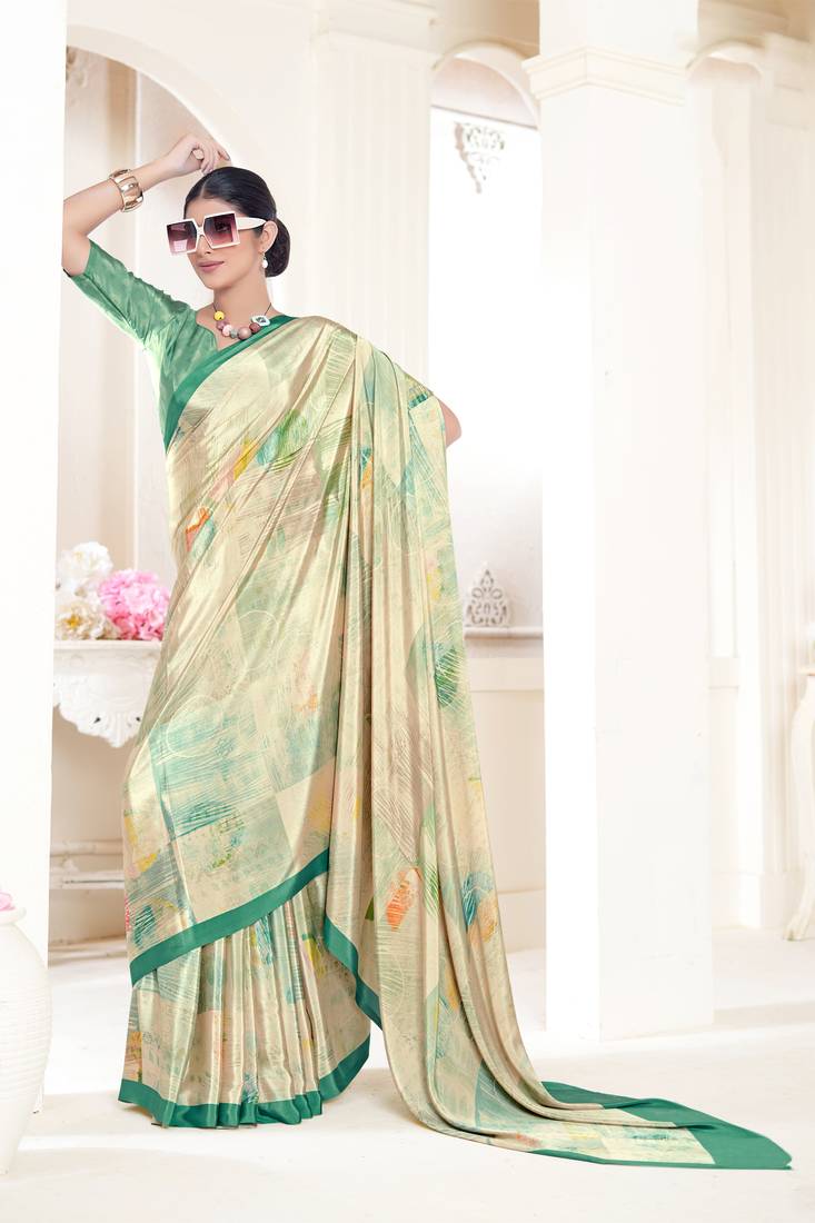 Cream Pure Soft Crape With Flower Digital Prints Satin Saree 