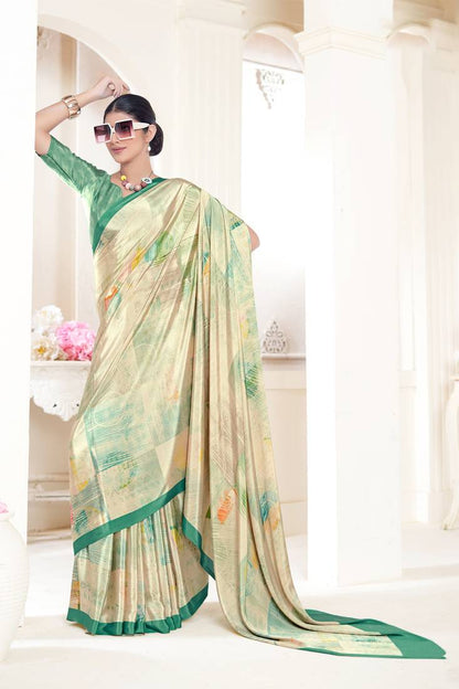 Cream Pure Soft Crape With Flower Digital Prints Satin Saree 