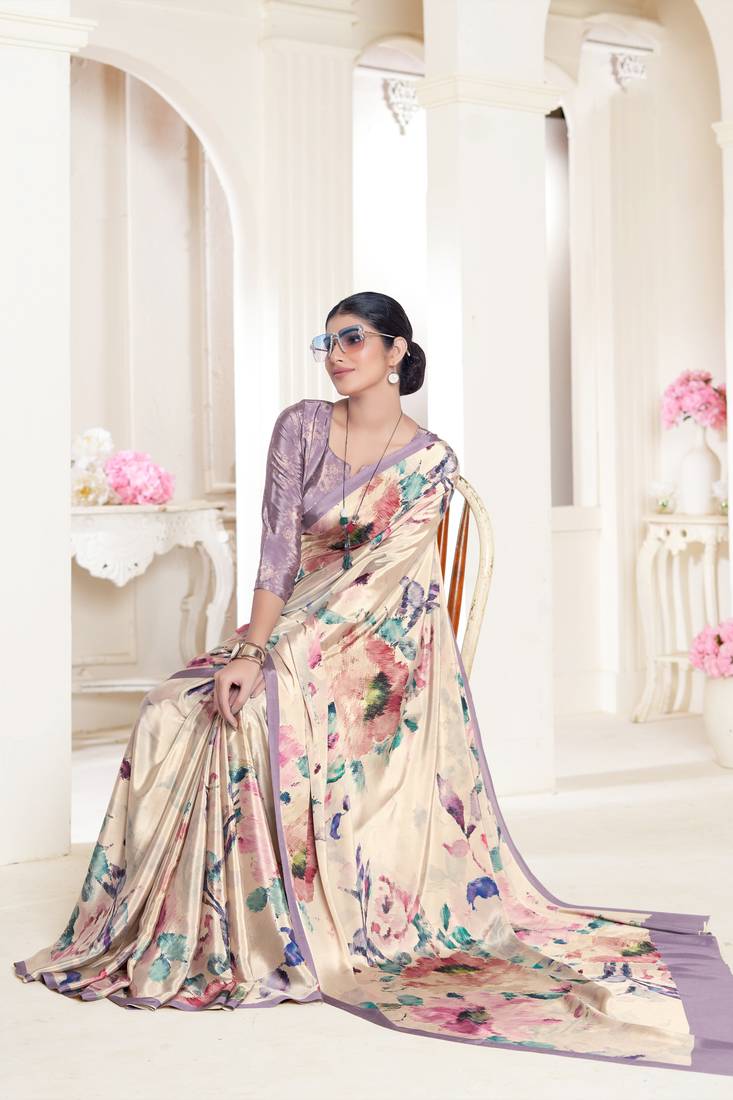 Beige Pure Soft Crape With Flower Digital Prints Satin Saree ##color## Japan Satin Saree with premium fabric and embroidery