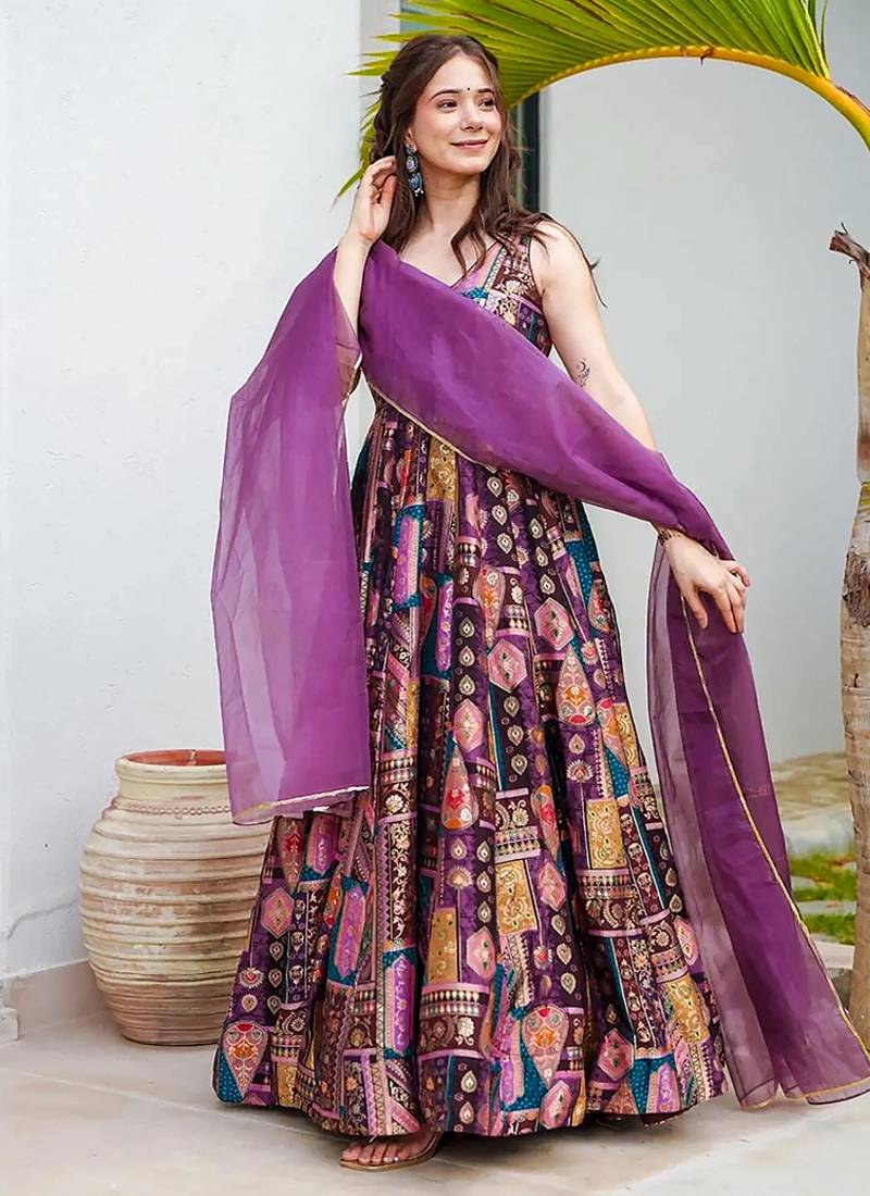 Purple Pure Heavy Soft Silk Digital Printed Anarkali Gown