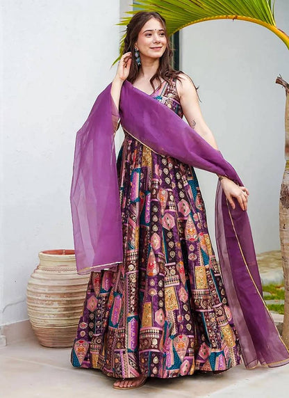 Purple Pure Heavy Soft Silk Digital Printed Anarkali Gown