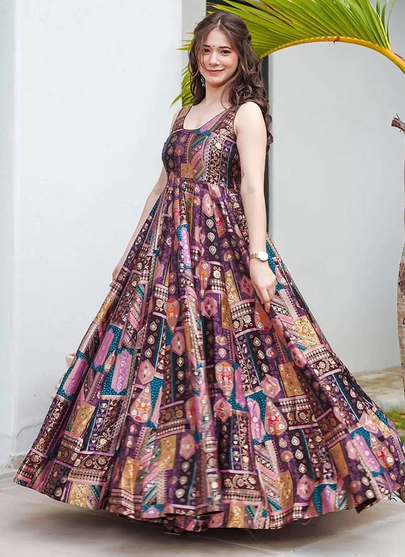Purple Pure Heavy Soft Silk Digital Printed Anarkali Gown