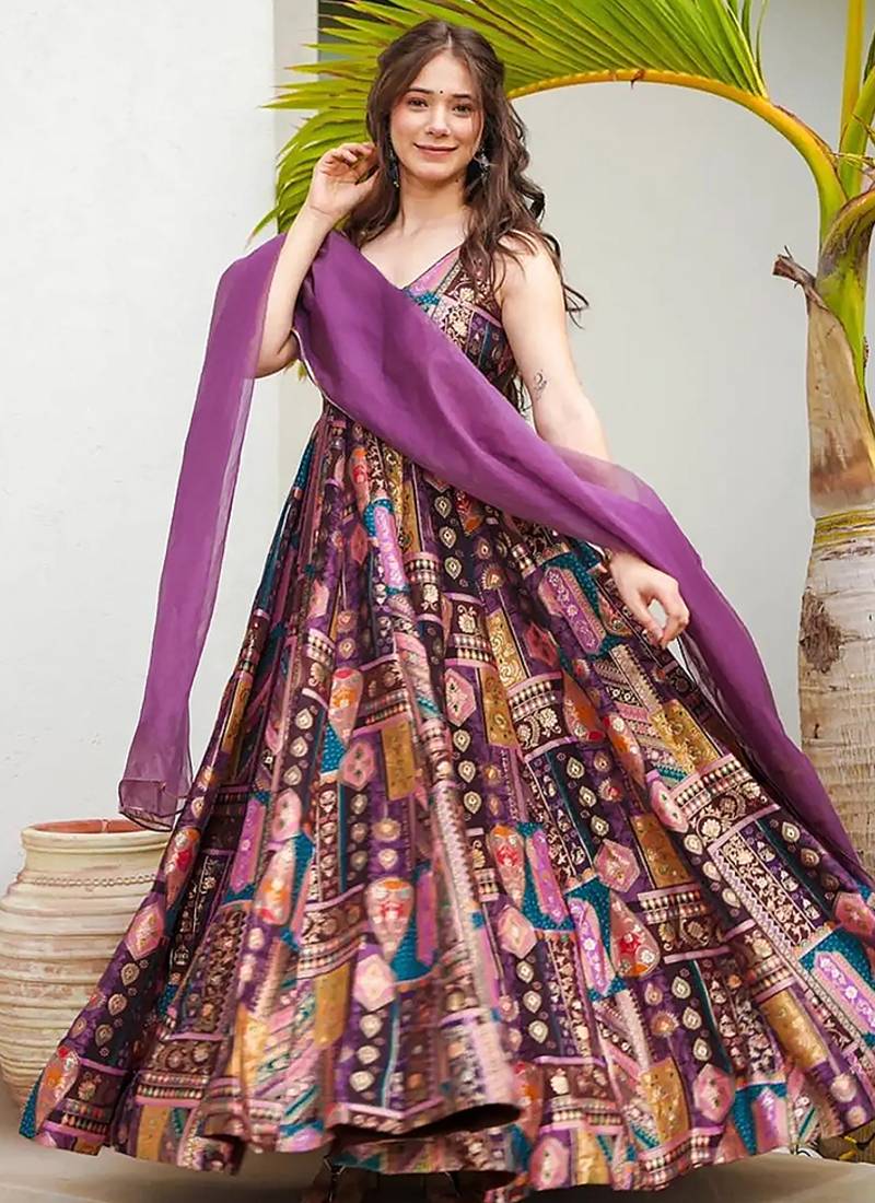Purple Pure Heavy Soft Silk Digital Printed Anarkali Gown