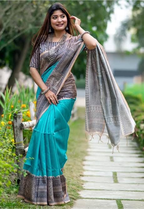 Turquoise Pure Soft Tussar Silk Madhubani Saree