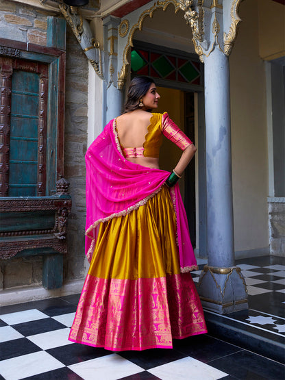 Mustard Pure Narayan Pattu with Zari Weaving &amp; Embroidery Paithani Lehenga Choli