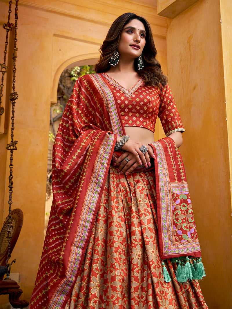 Rust Orange Color Tasar Silk Lehenga Choli ##color## Sequins Lehenga with premium fabric and embroidery