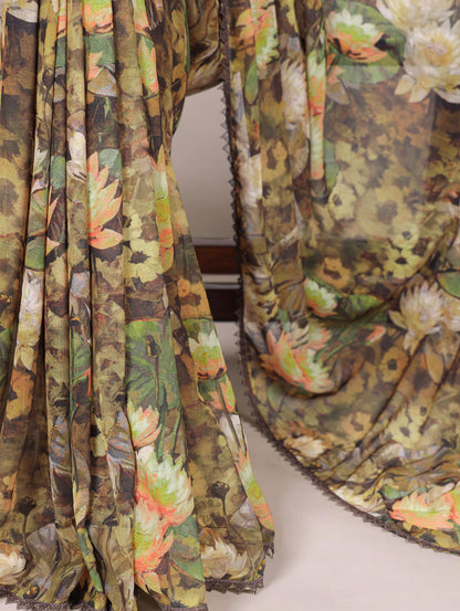 Mehandi Pure Weightless Marbal With Floral Print Weightless Saree