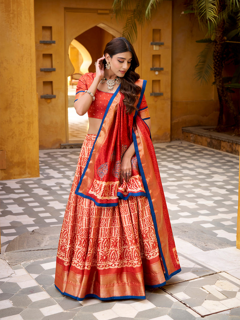 Rust Orange Color Batik Printed Dola Silk Lehenga 