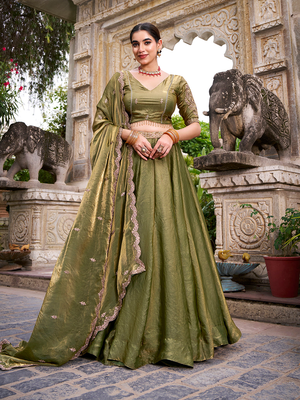 Mehandi Pure Fendi Silk Sequins &amp; Thread Embroidery Work Lehenga Choli