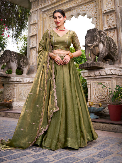Mehandi Pure Fendi Silk Sequins &amp; Thread Embroidery Work Lehenga Choli