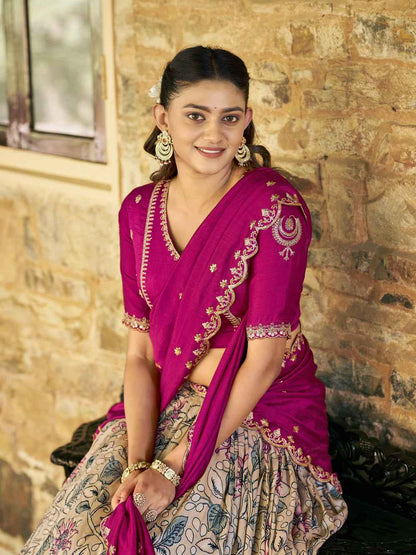 Cream Pure Soft Tussar Silk Kalamkari Print Lehenga Choli
