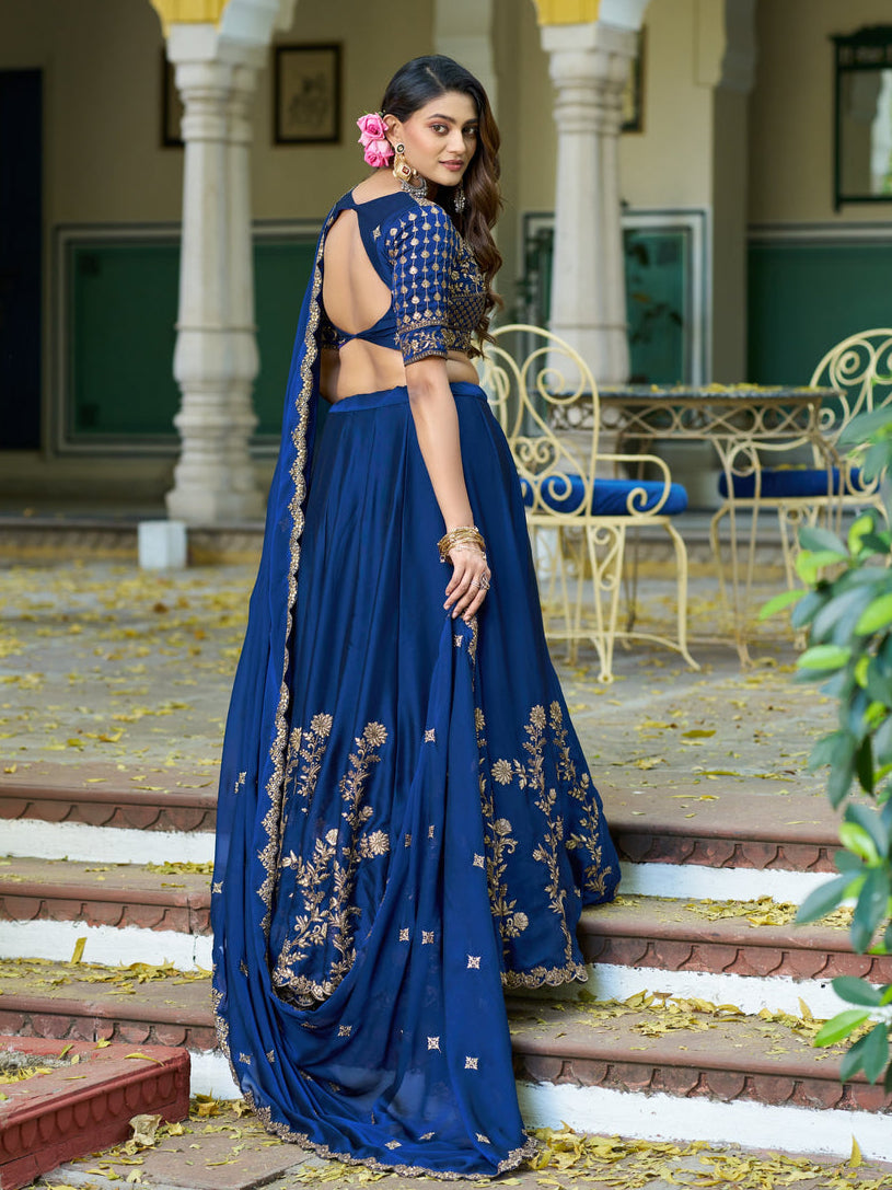 Navy Blue Pure Rangoli Silk Sequins &amp; Thread Embroidery Work Lehenga Choli