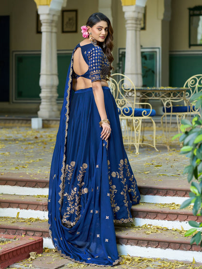 Navy Blue Pure Rangoli Silk Sequins &amp; Thread Embroidery Work Lehenga Choli