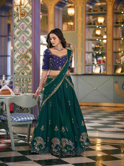 Green Pure Soft Rangoli Silk Sequins and Thread Embroidery Lehenga Choli
