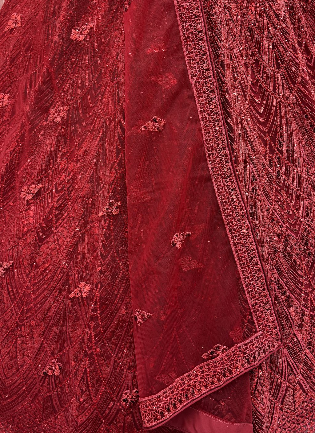 Red Pure Soft Net Heavy Embroidery Work Bridal Lehenga 