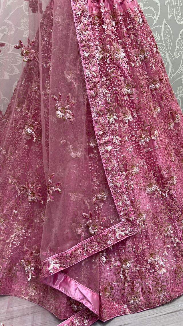 Pink Pure Soft Heavy Net Sequins Embroidery Work Bridal Lehenga Choli 
