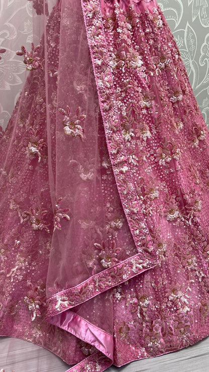 Pink Pure Soft Heavy Net Sequins Embroidery Work Bridal Lehenga Choli 